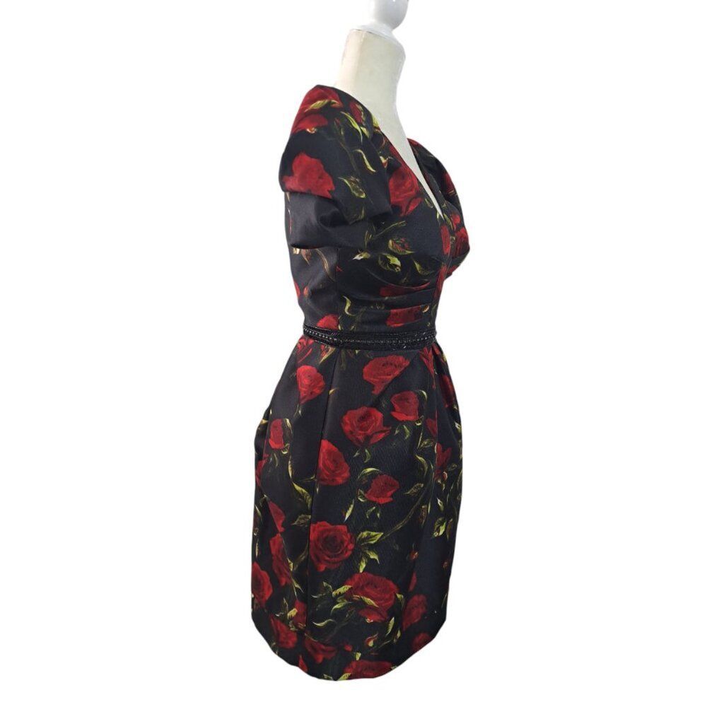 Mac Duggal Black and Red Rose Mini Dress - Picture 4 of 8